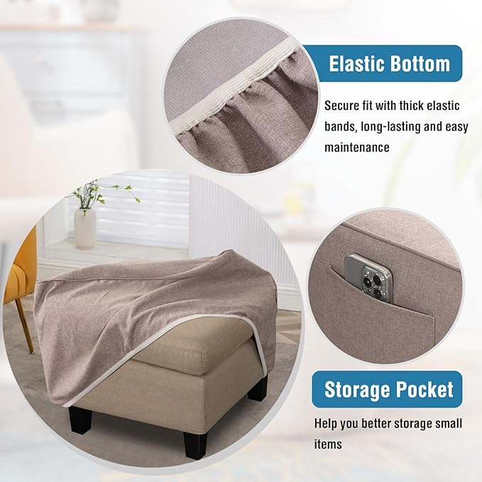 H.VERSAILTEX Ottoman Cover Square Fit Length 24"-25" Footrest Linen Look Square Soft Ottoman Covers Slipcover Storage Ottoman Cover Foot Stool Cover with Elastic Bottom - Heather Taupe