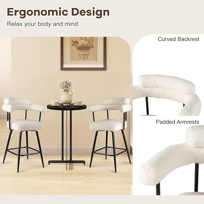 COSTWAY Counter Height Bar Stools Set of 2, 27" Swivel Modern Upholstered Counter Chairs with Boucle Fabric, Curved Backrests & Metal Legs, for Kitchen Island, Home, Pub (2, White + Black)