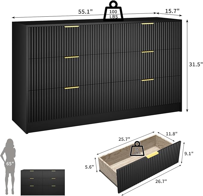 Black Dresser with 6 Deep Drawers, 55” Wide Fluted Dresser for Bedroom with Gold Handle, Modern Chest of Drawer for Closet, Bedroom, Living Room, Black
