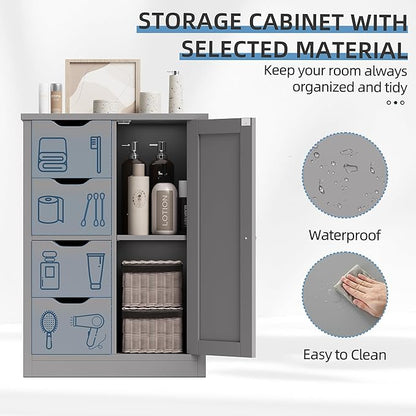 Shintenchi Bathroom Floor Storage Cabinet, Wooden Storage Organizer with 4 Drawers and 1 Cupboard, Freestanding Bathroom Furniture, Home Storage Unit with Adjustable Shelf, Gray
