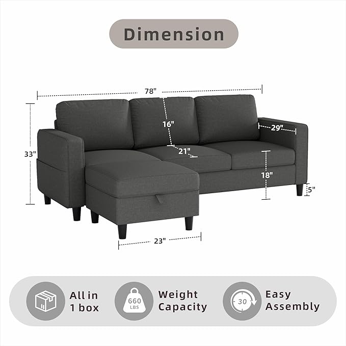 Sectional Sofa and Couches for Living Room, 78'' Dark Grey 3 Seat L-Shaped Couch with Movable Ottoman, Comfy Linen Convertible Sectionals Sofas with Chaise for Apartment, Office, Small Space
