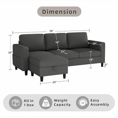 Sectional Sofa and Couches for Living Room, 78'' Dark Grey 3 Seat L-Shaped Couch with Movable Ottoman, Comfy Linen Convertible Sectionals Sofas with Chaise for Apartment, Office, Small Space