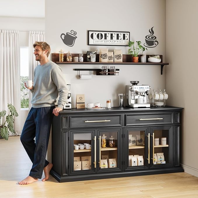 LGHM 63" Sideboard Buffet Cabinet with Drawers, Modern Kitchen Storage Cabinet with Adjustable Shelves and Magnetic Catch Doors, Wood Coffee Bar for Kitchen, Living Room, Black