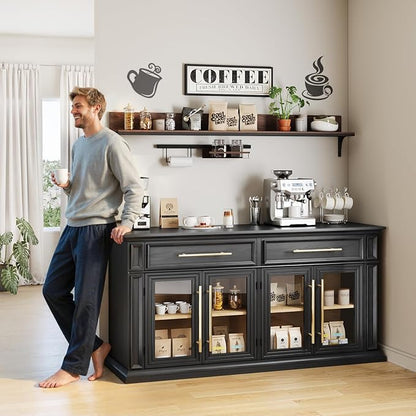 LGHM 63" Sideboard Buffet Cabinet with Drawers, Modern Kitchen Storage Cabinet with Adjustable Shelves and Magnetic Catch Doors, Wood Coffee Bar for Kitchen, Living Room, Black