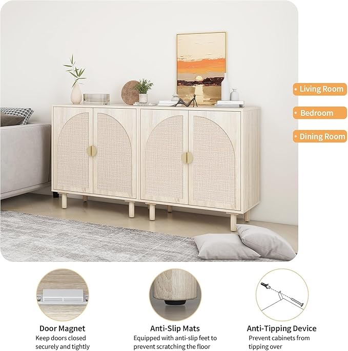 Beige Sideboard Cabinet with 2 Rattan Doors, Rattan Buffet Cabinet with Adjustable Shelves & Pine Legs, Boho Sideboard Buffet for Living Room, Kitchen, Entryway (Beige,2 PCS)