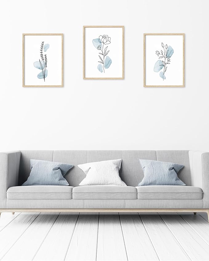 HesenDot Boho Art wall Décor,Botanical Print Set of 3, Blue Gallery Wall art,Abstract Line Watercolor Floral Home Decor,living room,bedroom