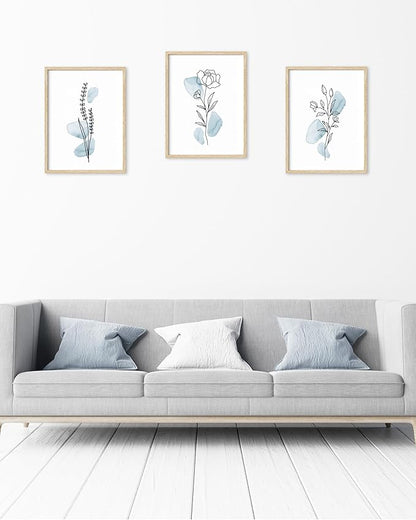 HesenDot Boho Art wall Décor,Botanical Print Set of 3, Blue Gallery Wall art,Abstract Line Watercolor Floral Home Decor,living room,bedroom