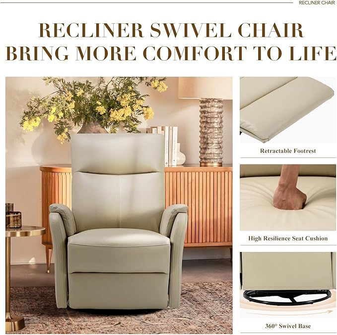 COLAMY Faux Leather Swivel Recliner Chair with Footrest, High Back with Double-Layer Cushion, Glider Recliner for Nursery & Living Room, Bedroom, Mist