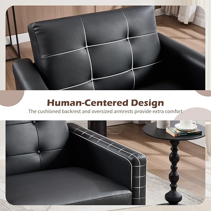 CANMOV 29" W Oversized Leather Accent Chair, Armchair Button Back, Mid Century Modern Accent Chairs for Living Room, Modern Upholstered Bed Room Chair Cozy Armchair with Wood Legs, Black