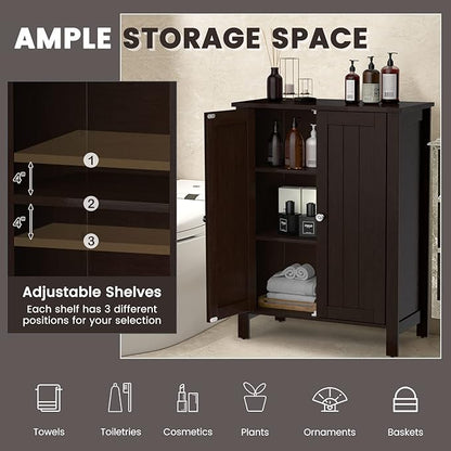 COSTWAY Bathroom Floor Cabinet - Freestanding Side Storage Organizer with Double Doors & Adjustable Shelf, Wooden Storage Cabinet for Living Room, Bedroom, Kitchen, Entryway (Brown)