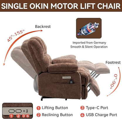 Power Lift Recliner Chair for Elderly with Heat Function, 8 Node Massage with 3 Modes, Silent Operation, Oversized Electric Lift Recliner Single Sofa for Living Room with USB Charging, Brown