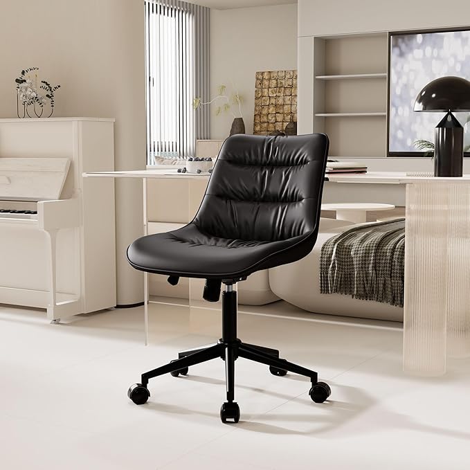 Rowill Leather Office Chair, Ergonomic Armless Desk Chair with Waterproof Cushion & Slient Wheels & SGS-Certified Class 3 Explosion-Proof Gas Lift, Ideal for Home Office, Study and Vanity(Black)