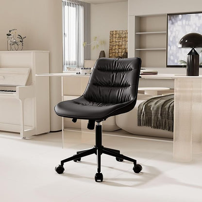 Rowill Leather Office Chair, Ergonomic Armless Desk Chair with Waterproof Cushion & Slient Wheels & SGS-Certified Class 3 Explosion-Proof Gas Lift, Ideal for Home Office, Study and Vanity(Black)