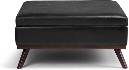 SIMPLIHOME Owen 36 inch Wide Mid Century Modern Square Coffee Table Storage Ottoman in Distressed Black Vegan Faux Leather, Assembled, for the Living Room, Entryway and Family Room