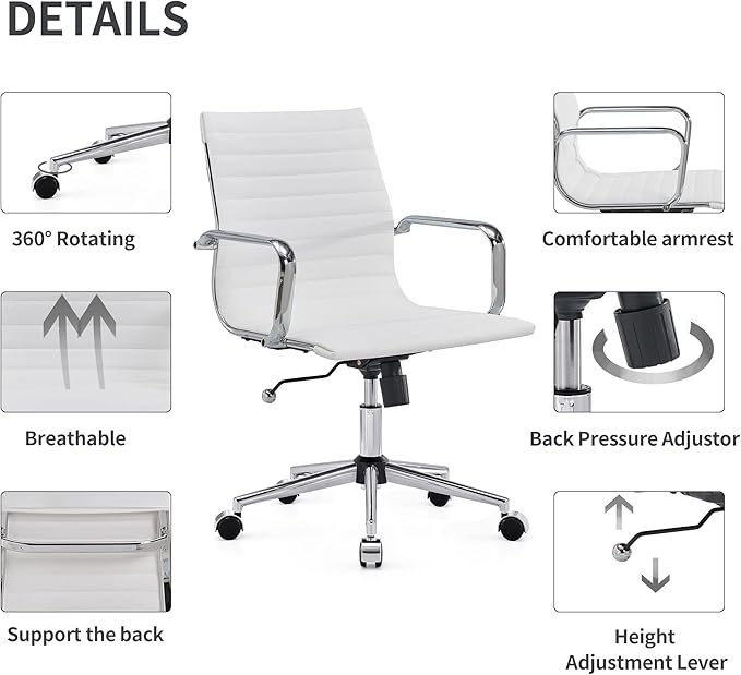 White Office Chairs Computer Conference Swivel Chair with Wheels and Arms Leather Home Office Desk Chair Mid Back Adjustable Chairs for Girls…