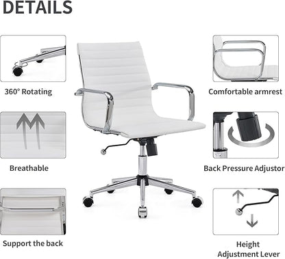 White Office Chairs Computer Conference Swivel Chair with Wheels and Arms Leather Home Office Desk Chair Mid Back Adjustable Chairs for Girls…