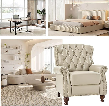 HULALA HOME Genuine Leather Recliner Chair with Solid Wood Feet, Modern Adjustable Tufted Push Back Arm Chair w/Rivet Decoration, Home Theater Seating Single Reclining Sofa for Living Room, Beige