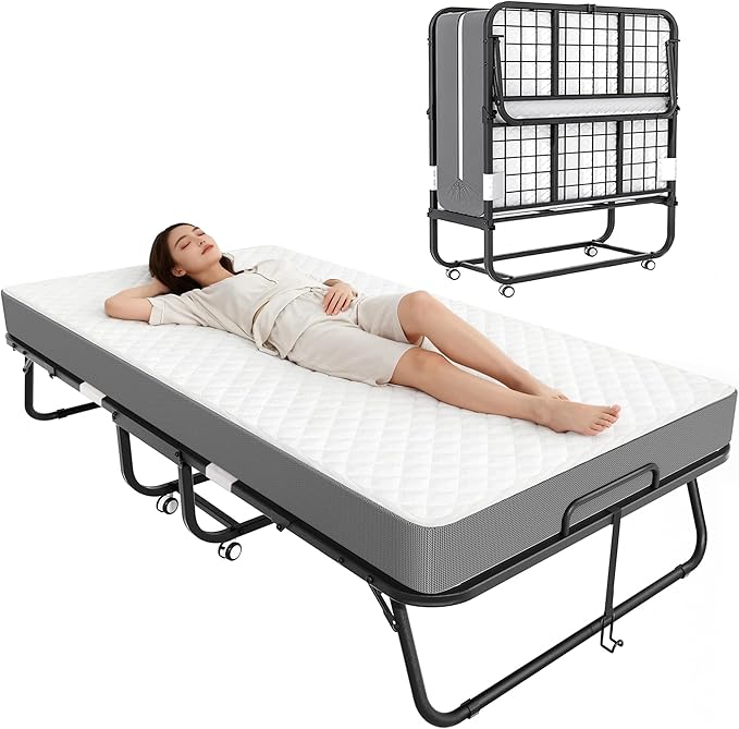 Greenvelly Folding Bed with Mattress,75" x 31" Foldable Beds for Adults, Roll Away-Bed with Mattress and Metal Frame for Home Office,Guest,Living Room