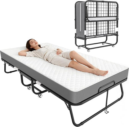 Greenvelly Folding Bed with Mattress,75" x 31" Foldable Beds for Adults, Roll Away-Bed with Mattress and Metal Frame for Home Office,Guest,Living Room