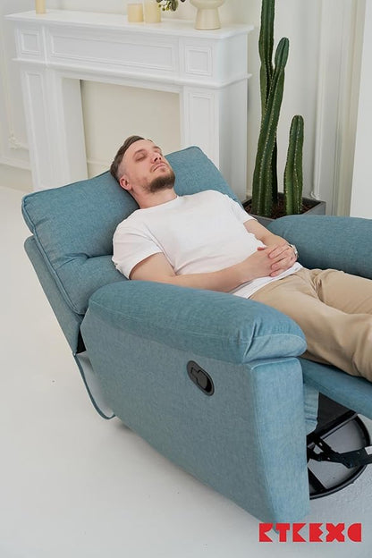 Reclining Sofa Rocking Recliner Chair Manual Adjustable 360 Swivel with Ergonomics Overstuffed Lumbar Arm Support Natural Fabric Surface Made for Living Room, Bedroom, Nursery, Turquoise