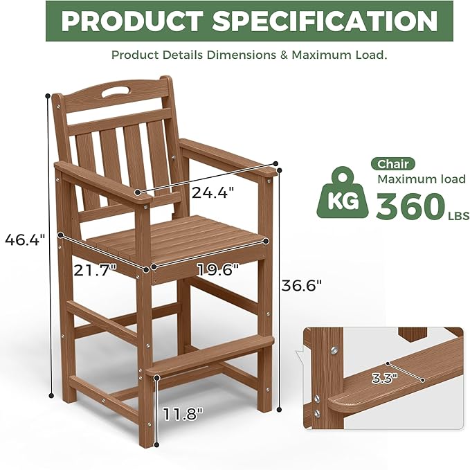HDPE Outdoor Patio Tall Bar Chair, All-Weather Bar Height Balcony Adirondack Stools for Bistro, Garden, Backyard, Deck | Teak