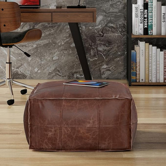 SIMPLIHOME Sheffield Boho Square Pouf in Distressed Brown Leather for the Living Room, Bedroom and Kids Room