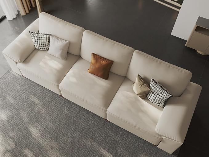 EASE MOOSE 3 Seater Deep Seat Sectional Sofa,Scratch Resistant Faux Leather Material, Oversized Modular Couch for Living Room,Modern Comfy Sofas for Small Spaces, Beige