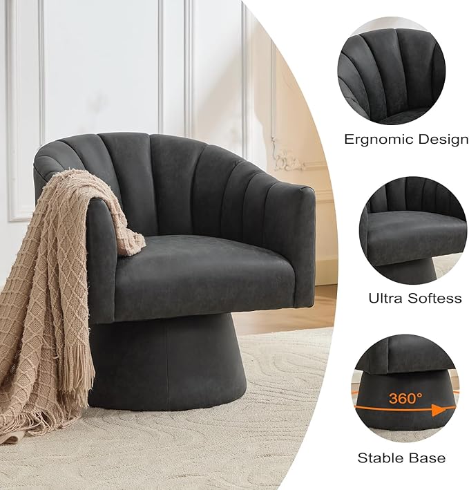 Swivel Accent Chair, Faux Leather 360° Swivel Barrel Chair Upholstered Modern Living Room Chair, Overstuffed Reading Armchair for Bedroom,Vanity,Office-Black