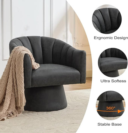 Swivel Accent Chair, Faux Leather 360° Swivel Barrel Chair Upholstered Modern Living Room Chair, Overstuffed Reading Armchair for Bedroom,Vanity,Office-Black