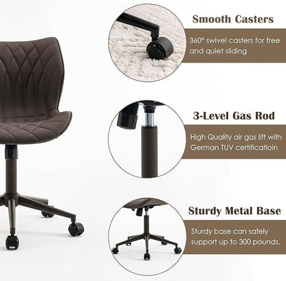 YOUNUOKE Armless Desk Chair Comfy Office Chair with Wheels Home Ergonomic Task Chair Adjustable Computer Chairs Modern Faux Leather Swivel Chair Upholstered Makeup Vanity Chair with Back(Brown)