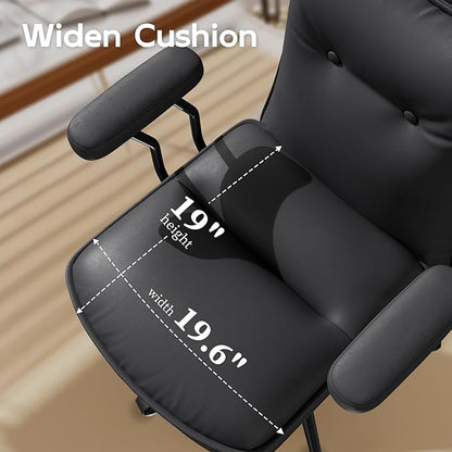 Black Leather Desk Chair with Wheels,Triple-Layers Thicken Wide Seat Height Adjustable,Mid Back,Desk Chair Comfy for Home,Office