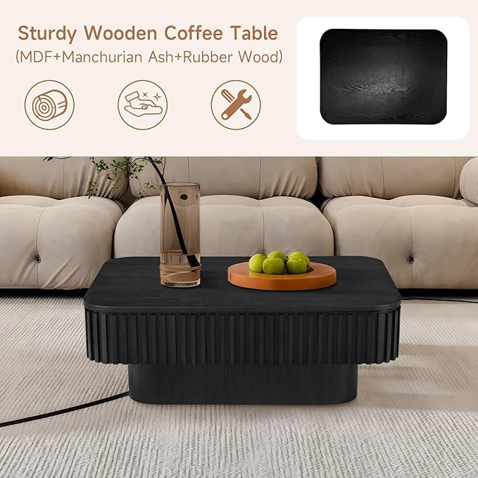 Lift Top Coffee Table for Living Room, Fluted Coffee Tables with Storage, Solid Wood Veneered Modern Accent Tea Center Table for Small Space Apartment (Black-38.6''D×26.8''H)