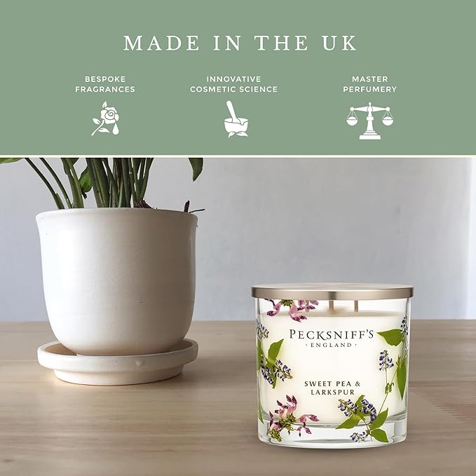 Pecksniff’s 3 Wick Candle – Sweet Pea & Lark Spur, 550 g / 19.4 oz – Long Lasting Burn, Elegant Home Decor & Relaxing Ambiance