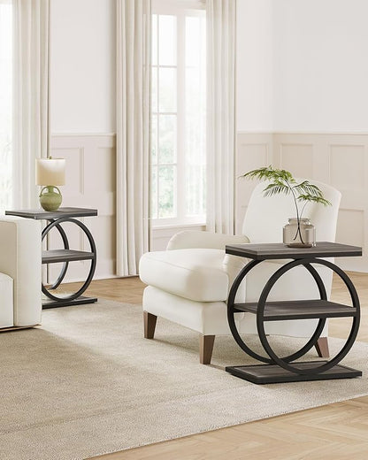 LITTLE TREE End Table Set 2, Side Table with 3 Tiers Shelves, Slim Sofa Side Table for Living Room, Tall Bedside Table Nightstand for Bedroom, Grey and Black