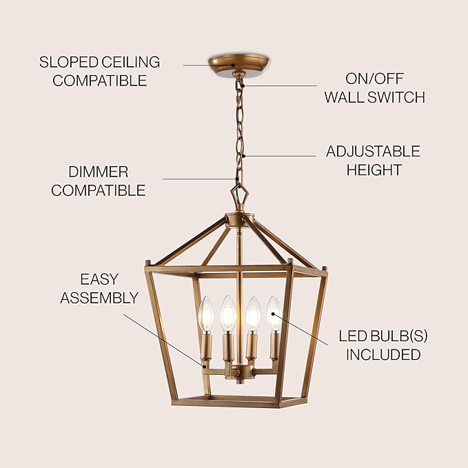 JONATHAN Y JYL7436B Pagoda Lantern Dimmable Adjustable Metal LED Pendant Classic Traditional Farmhouse Dining Room Living Room Kitchen Foyer Bedroom Hallway, 12 in, Antique Gold