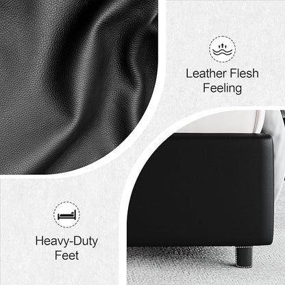 Queen Bed Frame with LED Lights, Faux Leather Upholstered Platform with Silver Wingback Headboard, Modern Style, No Box Spring Needed, Easy Assembly, Black