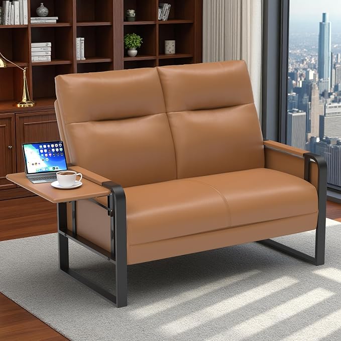 Modern Leather Loveseat, Small Sofa with Side Tray & Pocket, Upholstered Mini Couch for Living Room, Office, Guest Room, Brown