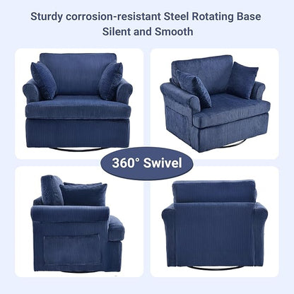 Karl home 39" Swivel Accent Chair,Oversized Seat Armchair W/2 Pillows and 4 Pockets,Modern Upholstered Corduroy Barrel Chair,Comfy Single Sofa for Living Room,Reading,Bedroom and Office-Dark Blue