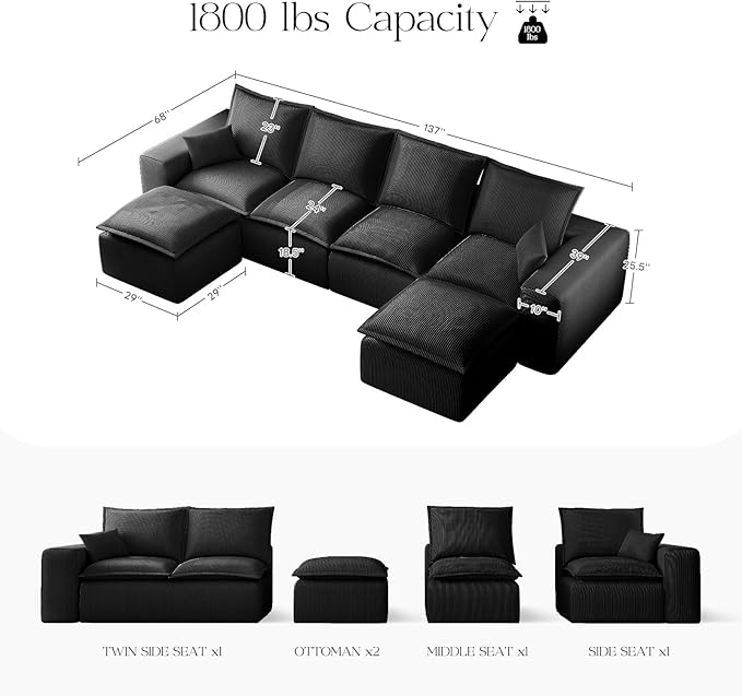 137" Comfy Cloud Couch with U-Shape Chaise & Deep Seat, Modular Sectional Sofa in a Box, Boneless Upholstered Couches for Living Room, No Assembly Required (Soft Corduroy, Black)
