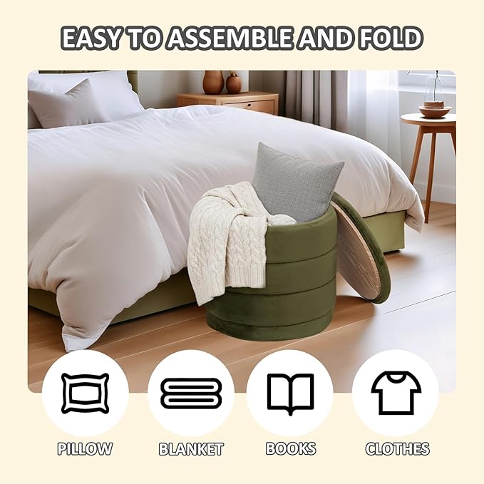 PINPLUS Round Velvet Ottoman Tray, Olive Green Upholstered Decorative Accent for Footstool or Coffee Table, Removable Serving Surface