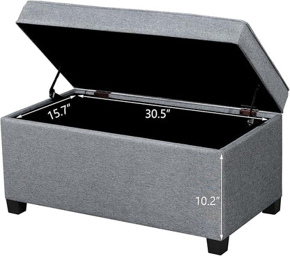 Adeco 31 Inches Storage Ottoman Bench, Non-Folding End of Bed Foot Rest Stools Ottoman with Thicker Foam Padded Seat, Upholstered Storage Chest for Living Room, Entryway, Bedroom