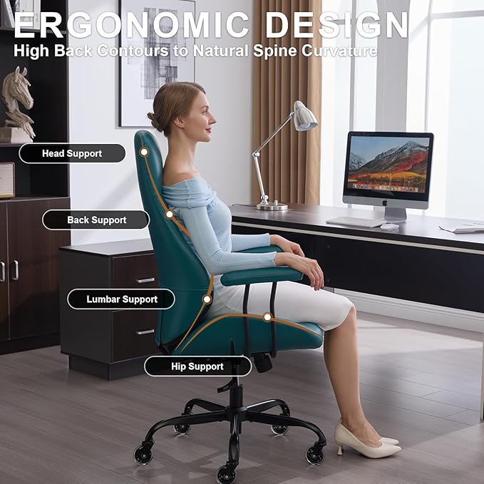 Home Office Desk Chair, Ergonomic High Back Leather Computer Chair with Lumbar Support, Adjustable Height & Recline, Swivel Executive Office Chair with Armrests and Rubber Casters, Green