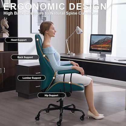 Home Office Desk Chair, Ergonomic High Back Leather Computer Chair with Lumbar Support, Adjustable Height & Recline, Swivel Executive Office Chair with Armrests and Rubber Casters, Green