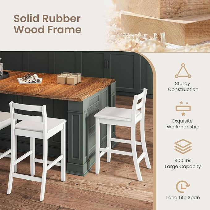 COSTWAY Wooden Bar Stools Set of 4, 24-Inch Counter Height Stools with Ergonomic Backrest & Footrest, Farmhouse High Dining Chairs for Kitchen Island, Pub, Cafe (4, White)