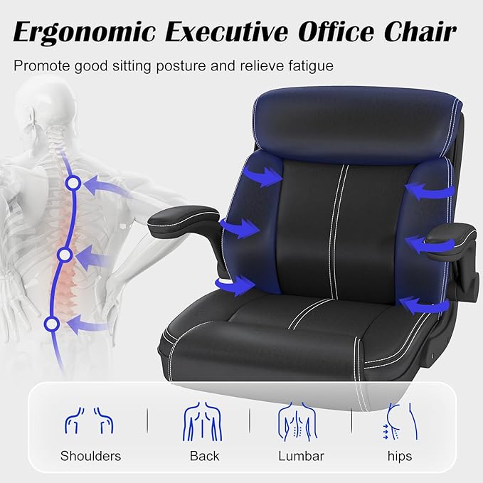 AnyGod Executive Leather Office Chair, Ergonomic Home Office Desk Chair with Flip-up Armrests, Lumbar Support, Adjustable Height, Mid-Back with Rocking Function for Executives