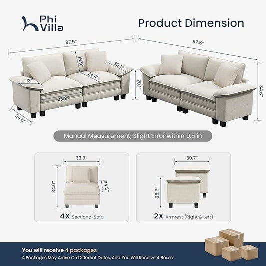 PHI VILLA Cloud Modular Couches Sets, 2 Pieces Sectional Loveseat Sofa Set, 4-Seater Comfy Couch for Living Room Apartment, Chenille Fabric, Beige