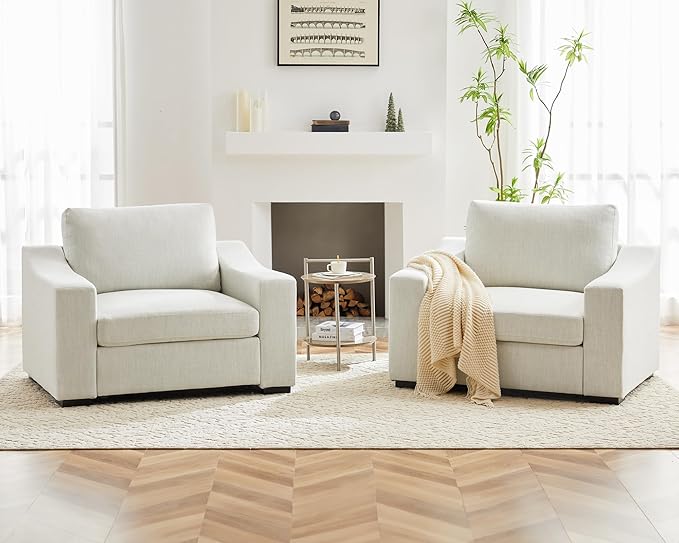 ABCASA Accent Chairs Set of 2,Living Room Furniture Set,Oversized Single Sofa with Extra Wide Armrest,Detachable Cover,Comfy Upholstered Reading Chairs for Office,Apartment,Dorm,Linen,Ivory
