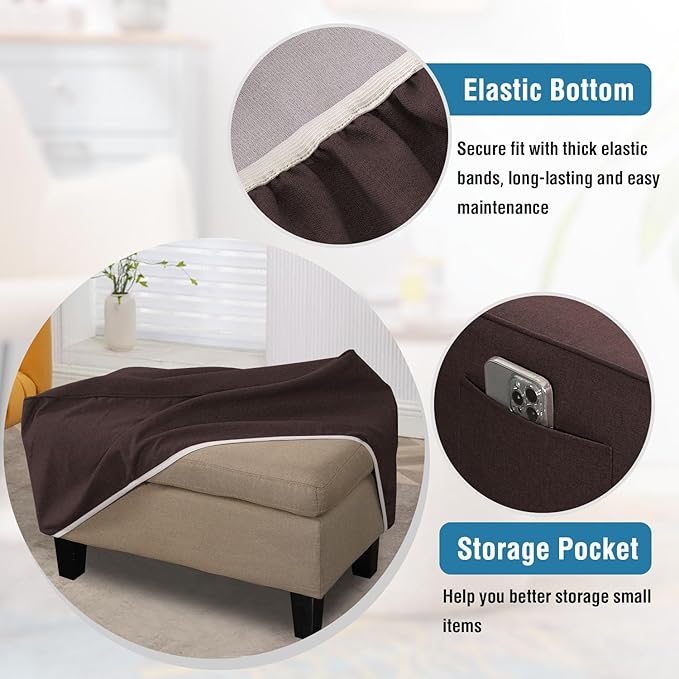H.VERSAILTEX Sturdy Ottoman Cover Rectangle Fit Length 49"-50" Footrest Ottoman Slipcovers for Foot Stool & Folding Storage Furniture with Storage Side Pocket - Heather Chocolate