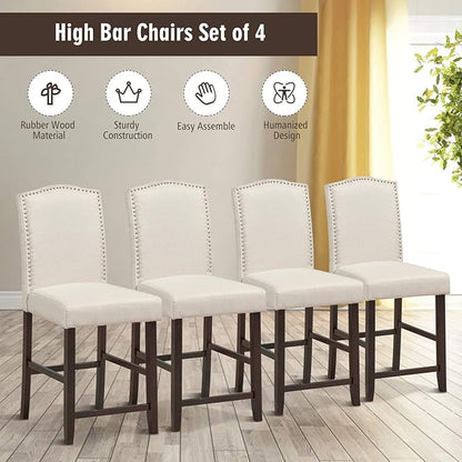 COSTWAY Bar Stools Set of 4, 25'' Upholstered Counter Height Bar Stools with S-Shaped Spring Thick Cushion, Rubber Wood Legs, High Back Leisure Chairs for Living, Kitchen, Dining Room (Beige, 4)