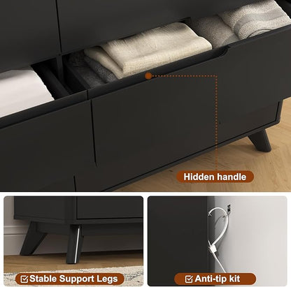 Dresser for Bedroom with 8 Drawers, 55" Large Dresser & Chest of Drawers with Charging Station, Wood Closet Clothes Storage Tall Dressers Organizer for Bedroom Living Room Hallway, Black